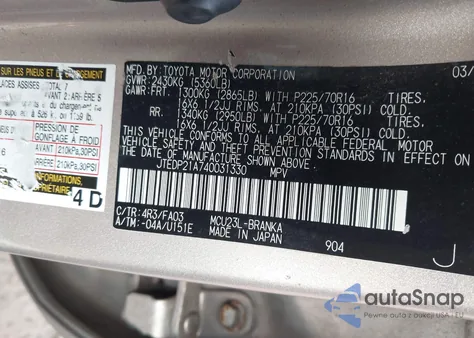 2004 Toyota Highlander V6 z USA, uszkodzony, nr VIN JTEDP21A740031330